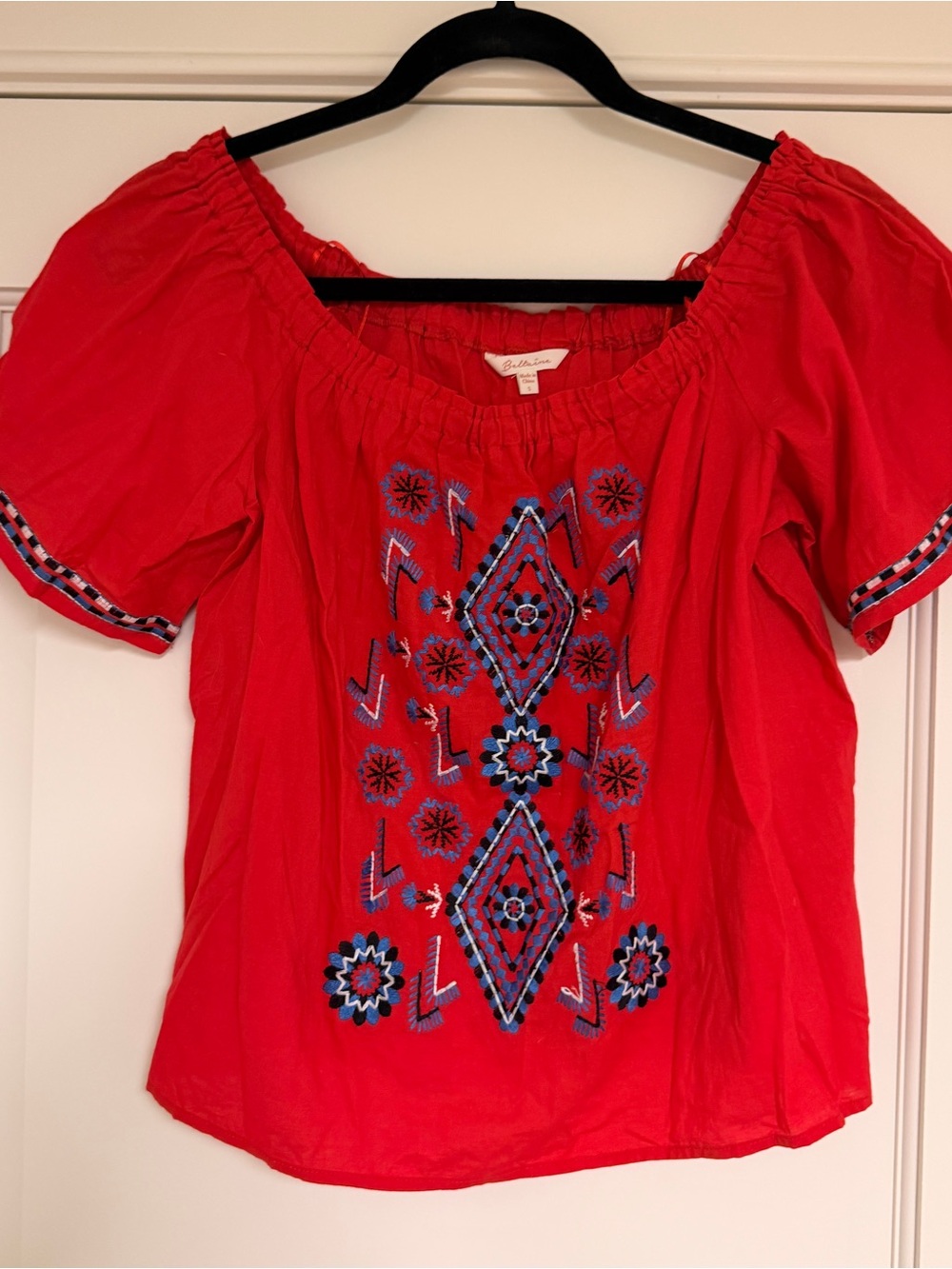 Red Embroidered Peasant Top - Boho Women's Blouse